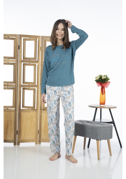 24119 Kadın Yaprak Desenli Uzun Kollu Yazlık Viskon Pijama Takımı