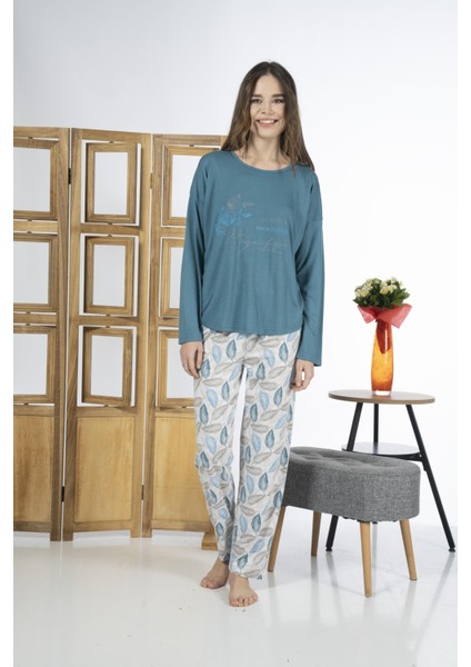 24119 Kadın Yaprak Desenli Uzun Kollu Yazlık Viskon Pijama Takımı