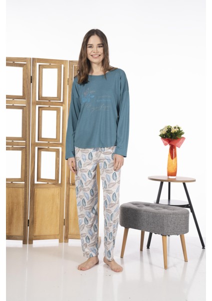 24119 Kadın Yaprak Desenli Uzun Kollu Yazlık Viskon Pijama Takımı