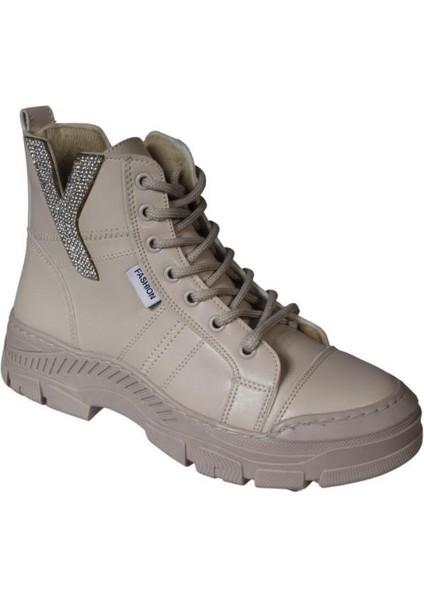 Yazkış Kadın Siyah Ten Cilt Bağcıklı Fermuarlı Yanı Taşlı Termo Taban Fashıon Bilekten Bot