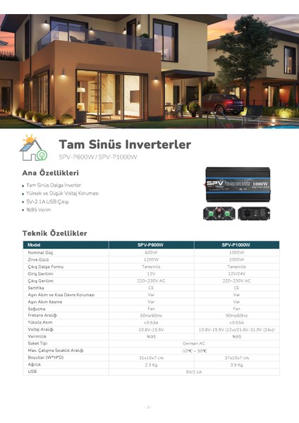 Geniş Kasa 1000W 24 Volt Tam Sınus Inverter - SPV-P1000W-24