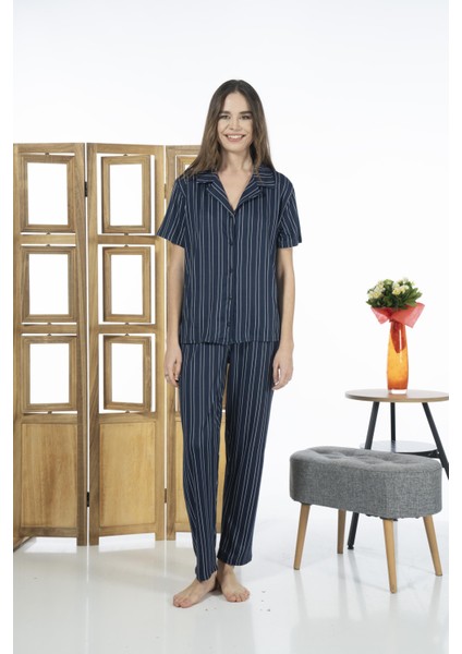 24156 Kadın Kısa Kol Boydan Düğmeli Gömlek Pijama Takımı