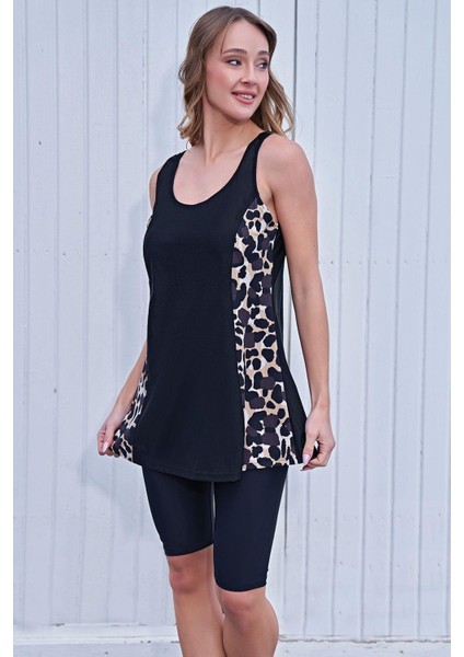 24156-1 Büyük Beden Siyah Leopar Desenli Taytlı Tankini