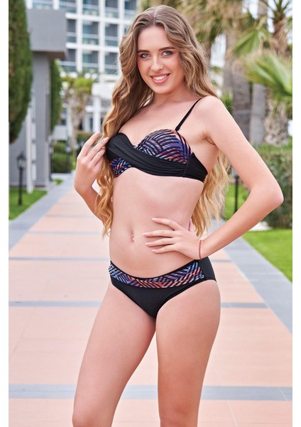 24128-2 Siyah Desenli Dönmeli Straplez Ince Askılı Bikini