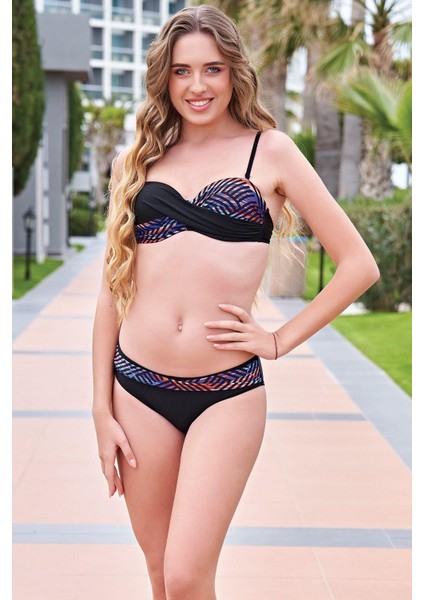 24128-2 Siyah Desenli Dönmeli Straplez Ince Askılı Bikini fiyatları