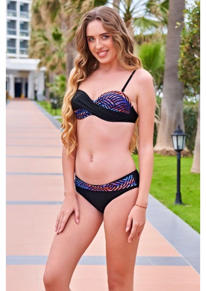24128-2 Siyah Desenli Dönmeli Straplez Ince Askılı Bikini modelleri