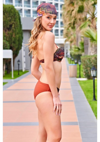 24129-3 Taba Desenli Dönmeli Straplez Ince Askılı Bikini modelleri