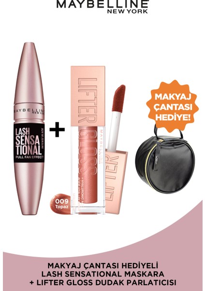 Maybelline New York Lash Sensational Yelpaze Etkili Siyah Maskara + Maybelline New York Lifter Gloss Nemlendirici Dudak Parlatıcısı- 009 Topaz + Siyah Black Friday Siyah Çanta Hediyeli