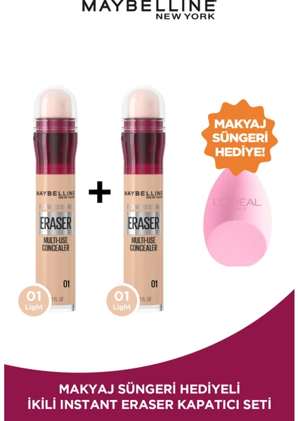 Maybelline New York 2'li Maybelline Instant Anti Age Eraser Kapatıcı -01 Light Pembe Sünger Hediyeli