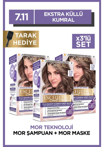 L'Oréal Paris 3'lü L'oréal Paris Excellence Cool Creme Saç Boyası – 7.11 Ekstra Küllü Kumral + Excellence Tarak