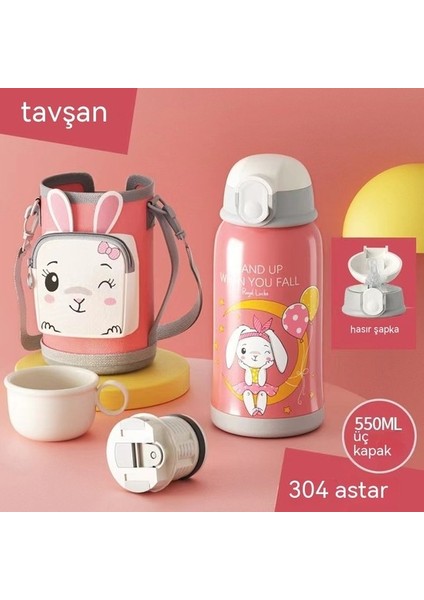 Yüksek Değerli 550ML Çift Katmanlı Çocuk Termos Şişesi Dış Mekan Seyahat Karikatür Bardağı 316 Paslanmaz Çelik Termos Bardak, Saman Yalıtımlı Bardak () (Yurt Dışından)