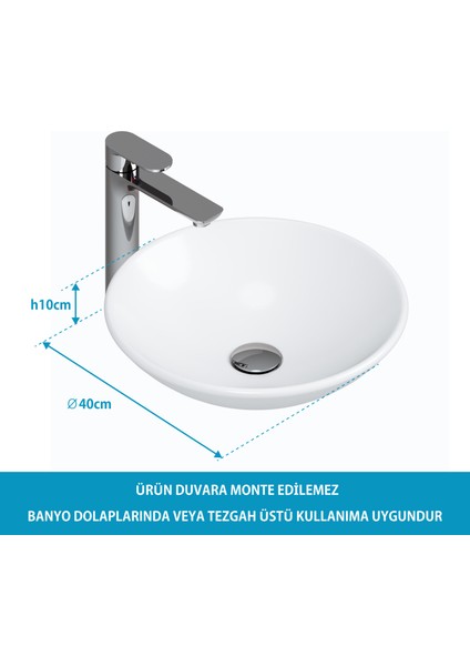 Minizia Tezgah Üstü Çanak Lavabo,batarya Deliksiz,40 cm Beyaz