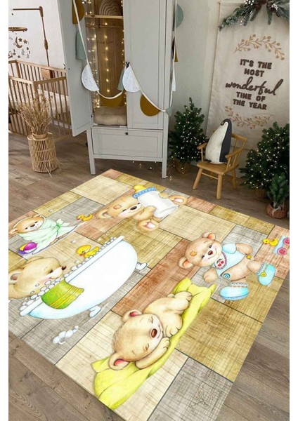0293 Ayıcık Figürlü Dijital Baskı Kaymaz Dot Taban Makinede Yıkanabilir Çocuk Bebek Odası Halısı fiyatları