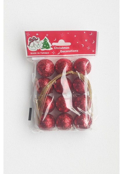 Yılbaşı Ağaça Süsü 3 cm Kırmızı Renkli Simli Strafor Top Ağaç Süsü 12LI