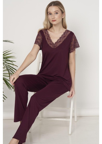 1604 Kadın Kısa Kol Yaka ve Kol Dantelli Pijama Takım