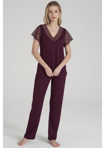 1604 Kadın Kısa Kol Yaka ve Kol Dantelli Pijama Takım