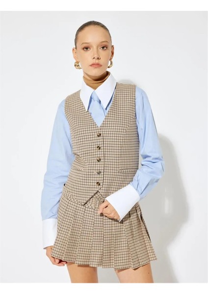 5WAK20017PW 5d1 Kahverengi Desenli Kadın Blazer Yelek modelleri