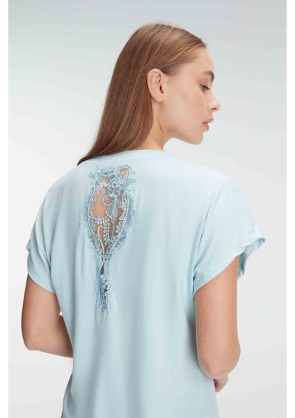 9889 Kısa Kol V Yaka Kadın Viskon Çiçek Desenli Yazlık Örme Dantel Detaylı Pijama Takımı