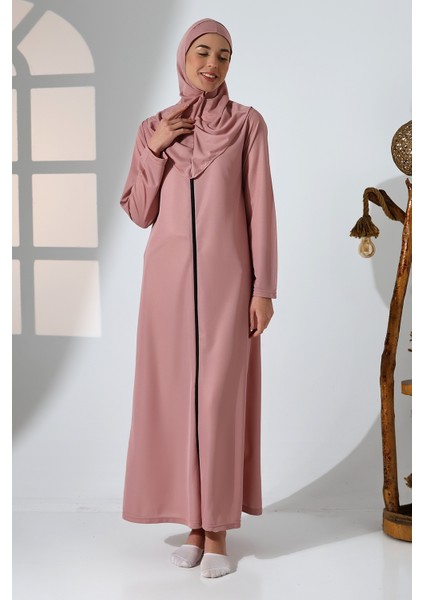 Pembe Kadın Fermuarlı Tek Parça Kendinden Örtülü Namaz Elbisesi fiyatları