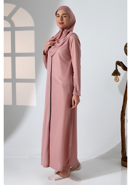Pembe Kadın Fermuarlı Tek Parça Kendinden Örtülü Namaz Elbisesi modelleri