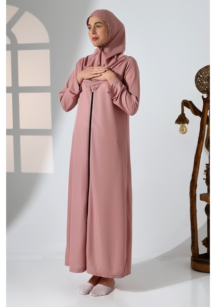 Pembe Kadın Fermuarlı Tek Parça Kendinden Örtülü Namaz Elbisesi indirimleri