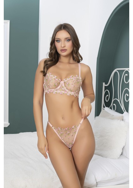 Sensual Çiçek Desen Balenli Dantelli Sütyen Takımı