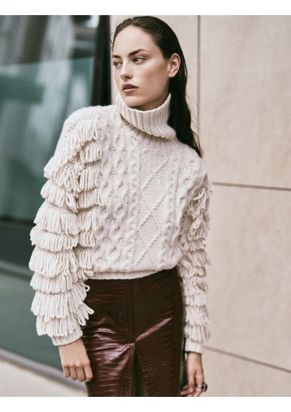 Püsküllü Örgü Kazak Balıkçı Yaka Kalça Boy Uzun Kollu modelleri