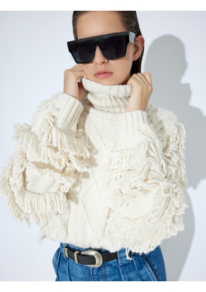 Püsküllü Örgü Kazak Balıkçı Yaka Kalça Boy Uzun Kollu fırsatları