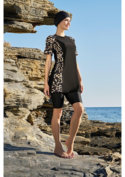 23146 Leopar Reglan Yarım Kollu Yarı Tesettür Mayo