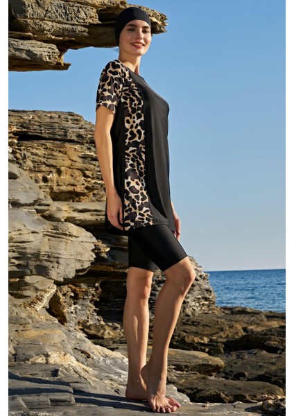 23146 Leopar Reglan Yarım Kollu Yarı Tesettür Mayo