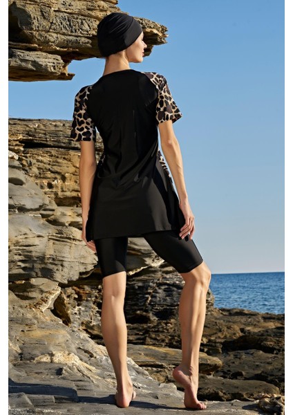 23146 Leopar Reglan Yarım Kollu Yarı Tesettür Mayo