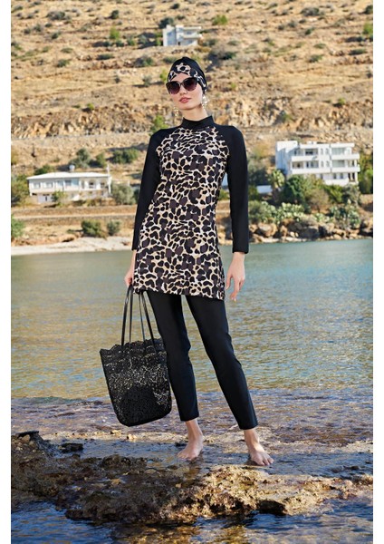 23126-1 Leopar Reglan Kol Tam Tesettür Mayo