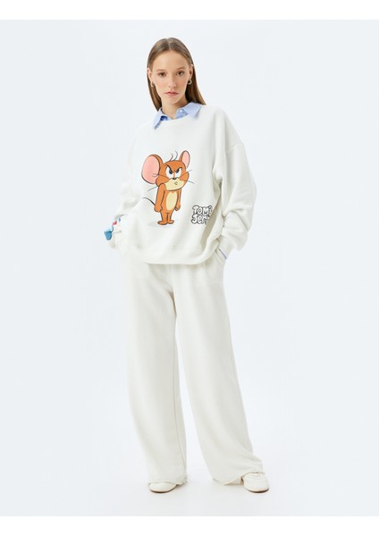 Tom ve Jerry Baskılı Bisiklet Yaka Şardonlu Rahat Kalıp Lisanslı Sweatshirt