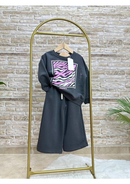 Ladin Store Yeni Sezon Kız Çocuk Pamuklu Zebra Baskılı Sweatshirt ve Eşofman Alt-Üst Takım