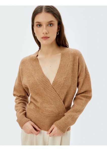 Kruvaze Triko Kazak Yün Karışımlı V Yaka Uzun Kollu fiyatları