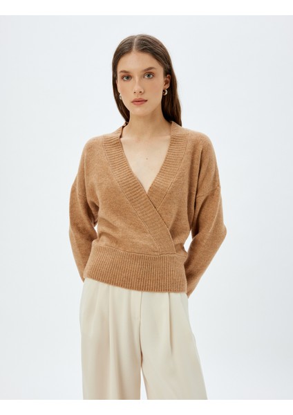 Kruvaze Triko Kazak Yün Karışımlı V Yaka Uzun Kollu modelleri