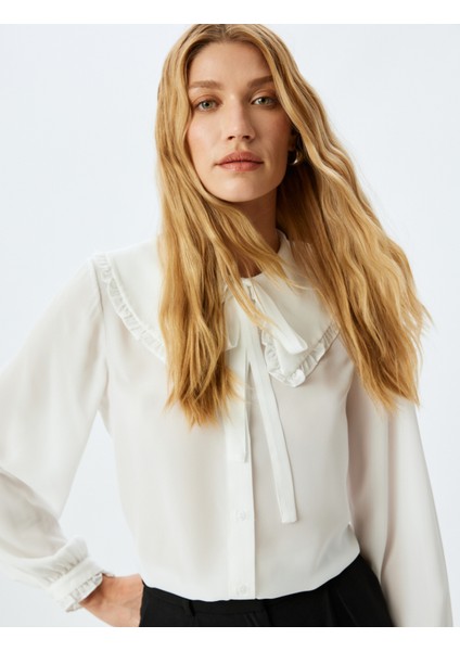 Uzun Kollu Fırfırlı Geniş Bebe Yaka Şifon Gömlek