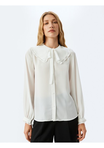 Uzun Kollu Fırfırlı Geniş Bebe Yaka Şifon Gömlek modelleri