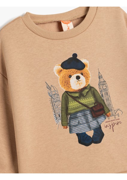 Sweatshirt Ayıcık Baskılı Uzun Kollu Bisiklet Yaka Pamuklu Şardonlu