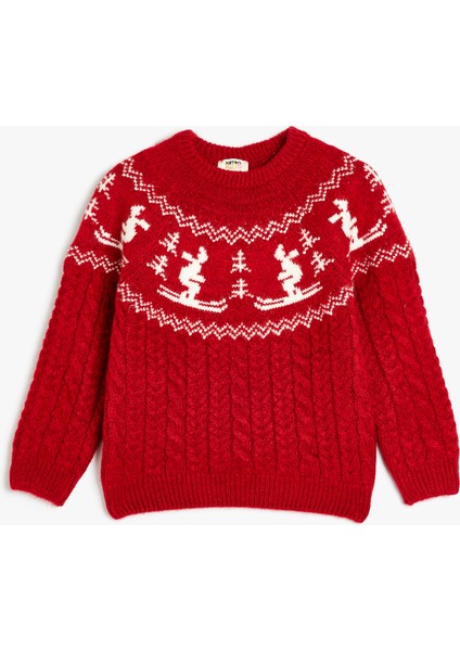 Triko Kazak Kayak Desenli Uzun Kollu Yuvarlak Yaka