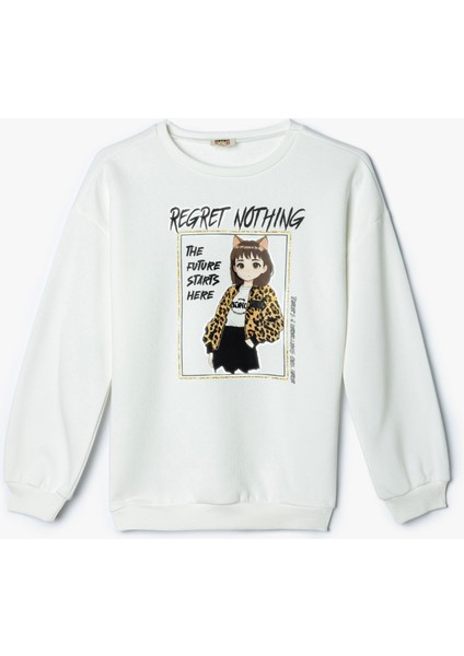 Sweatshirt Baskı Detaylı Bisiklet Yaka Uzun Kollu Şardonlu