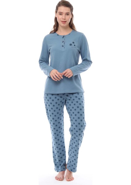 1536 Kadın Üç Düğmeli Pijama Takımı Uzun Kol Büyük Beden