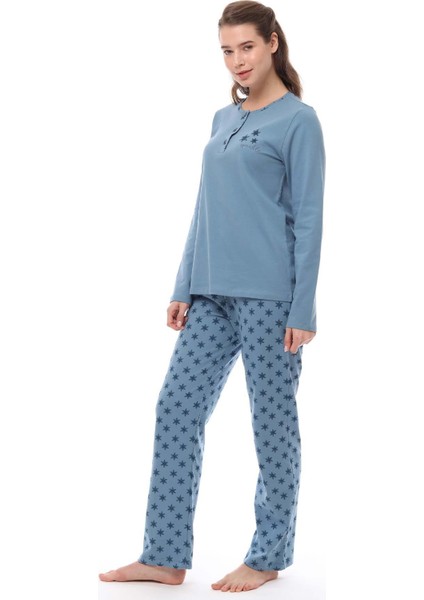 1536 Kadın Üç Düğmeli Pijama Takımı Uzun Kol Büyük Beden