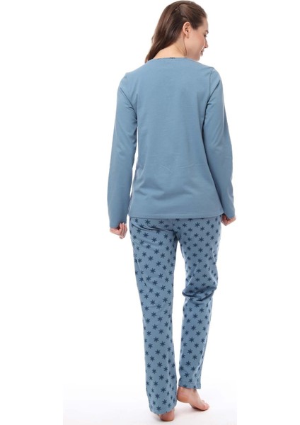 1536 Kadın Üç Düğmeli Pijama Takımı Uzun Kol Büyük Beden