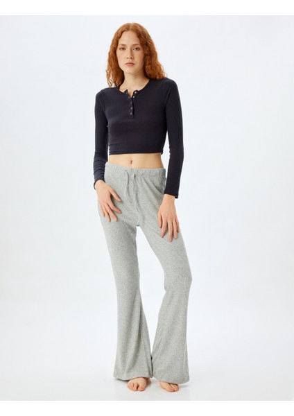 Uzun Kollu Yuvarlak Yaka Düğmeli Örme Crop Pijama Üstü fiyatları