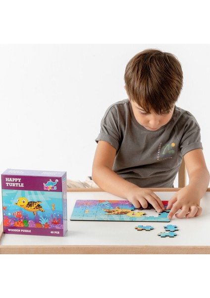 Montessori Happy Turtle Ahşap 40 Parça Puzzle Seti/ 1+ Yaş/ Eğitici, Öğretici ve Güvenli Çocuk Oyuncağı