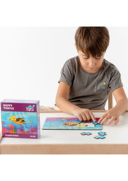 Montessori Happy Turtle Ahşap 40 Parça Puzzle Seti/ 1+ Yaş/ Eğitici, Öğretici ve Güvenli Çocuk Oyuncağı