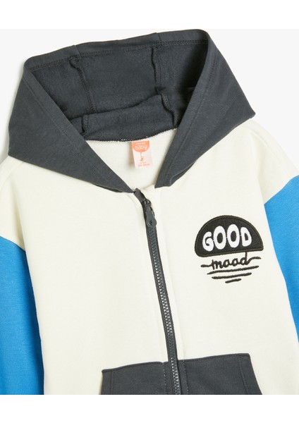 Fermuarlı Kapşonlu Sweatshirt Renk Bloklu Kanguru Cepli Pamuklu Şardonlu modelleri