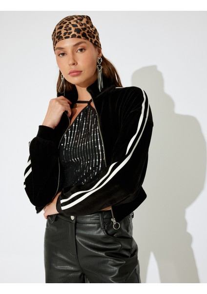 x Inji - Kadife Fermuarlı Şerit Detaylı Dik Yaka Asimetrik Crop Sweatshirt