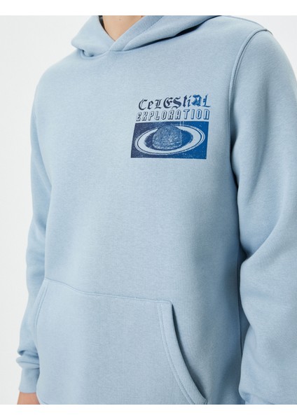 Arkası Baskılı Hoodie Uzay Temalı Kanguru Cepli Rahat Kesim